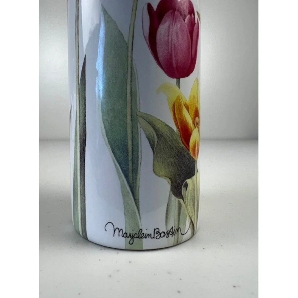 Marjolein Bastin Ceramic Cylinder Vase White Floral Tulips‎ Bee Butterfly 8.25in